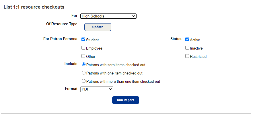 1:1 Resource Checkouts report.